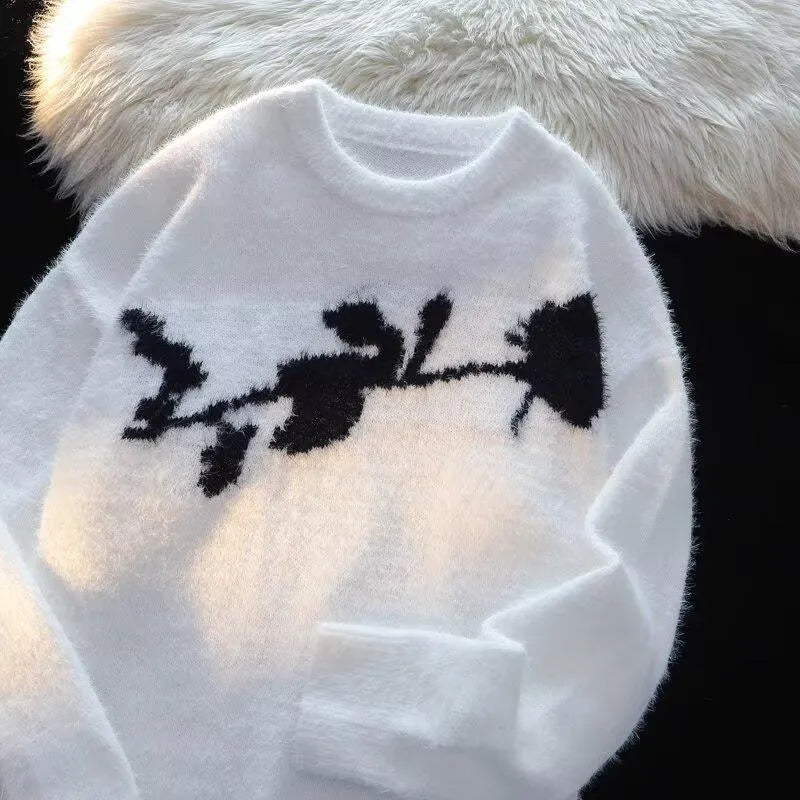 American dark rose flocking horse sweater for men, long sleeve cotton-polyester pullover in Black