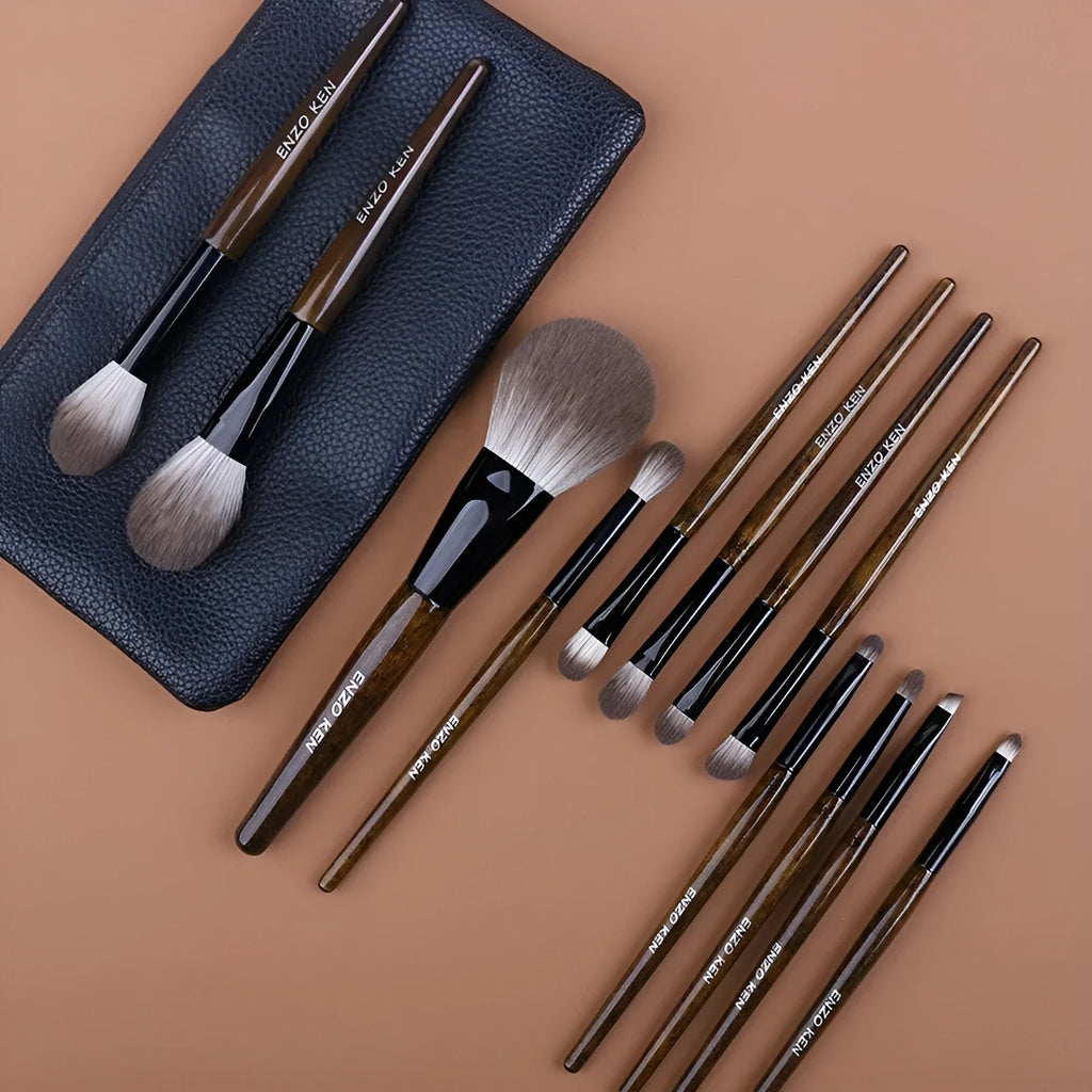 12-piece makeup brush set with wooden handles and portable black case