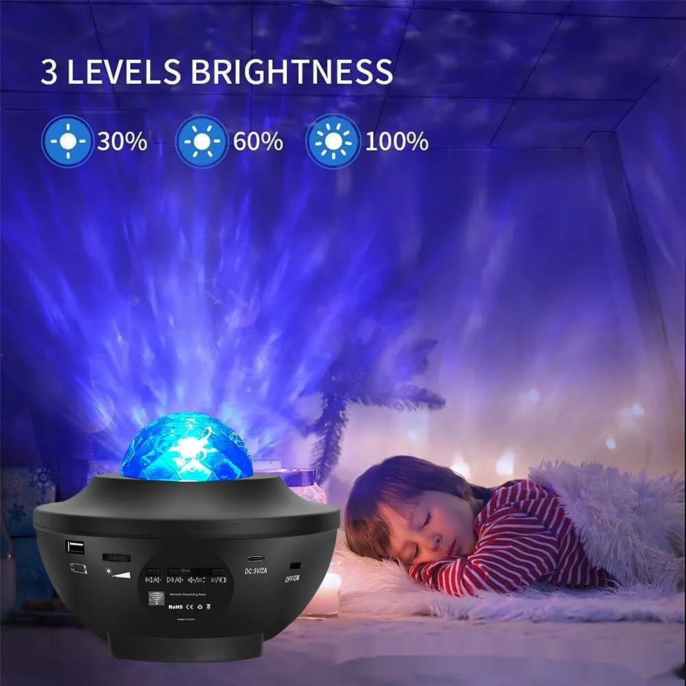 Small black bowl-shaped starry sky projection lamp with rotating water ripple laser patterns