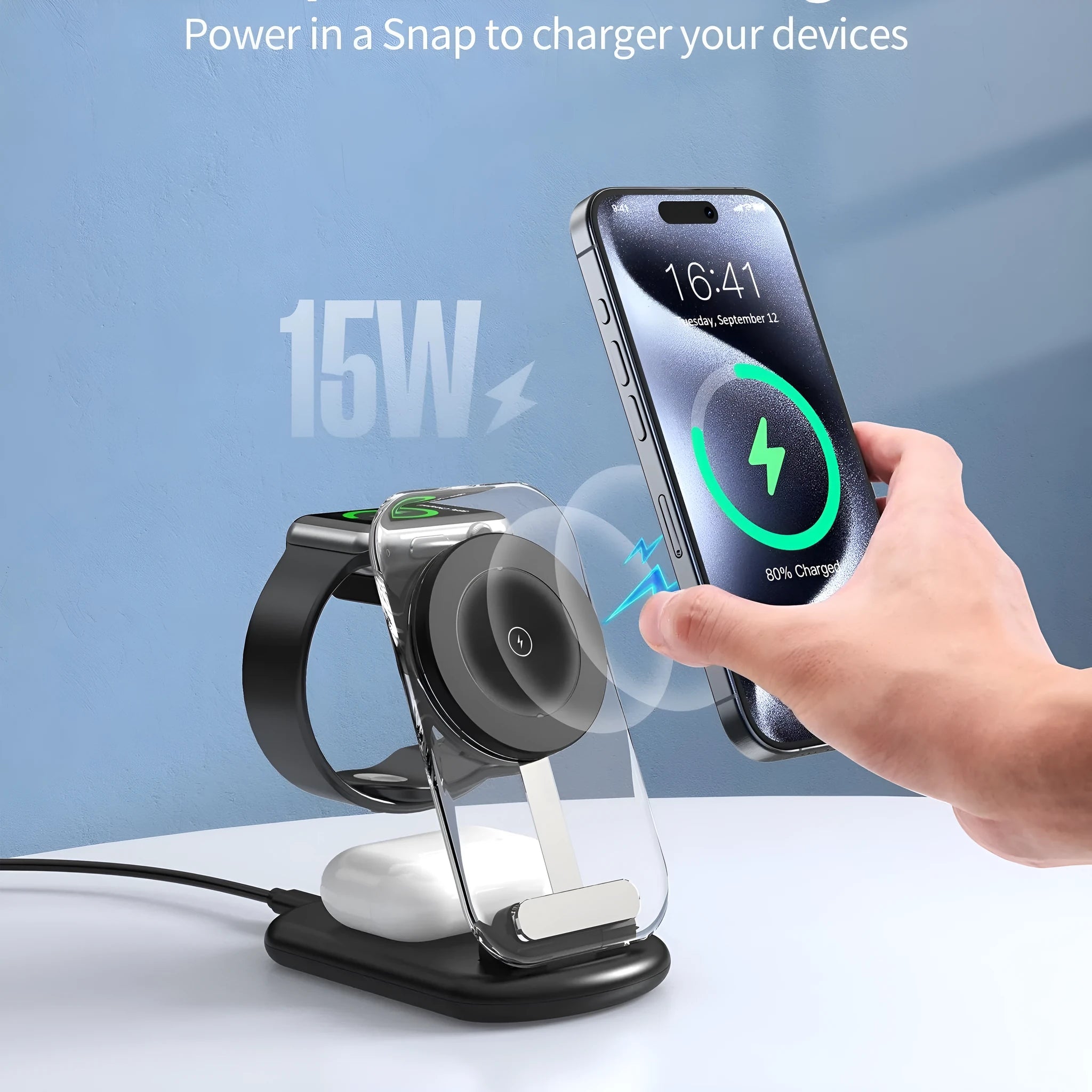 Transparent folding magnetic wireless charger showing internal components and magnetic alignment