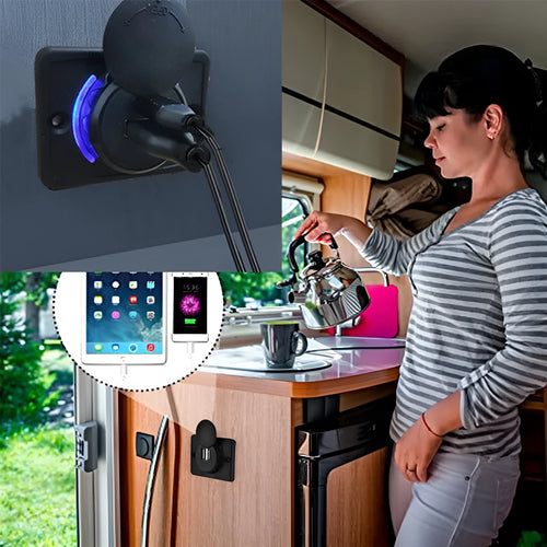 Black 12V to 5V USB car charger with two mounting screws for vehicle installation.