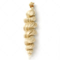 Golden synthetic hair weft wig for women shown in 18, 20, and 22 inch length options.