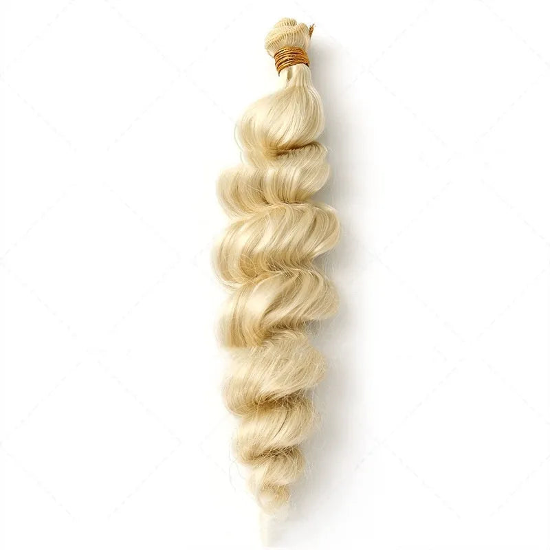Golden synthetic hair weft wig for women shown in 18, 20, and 22 inch length options.