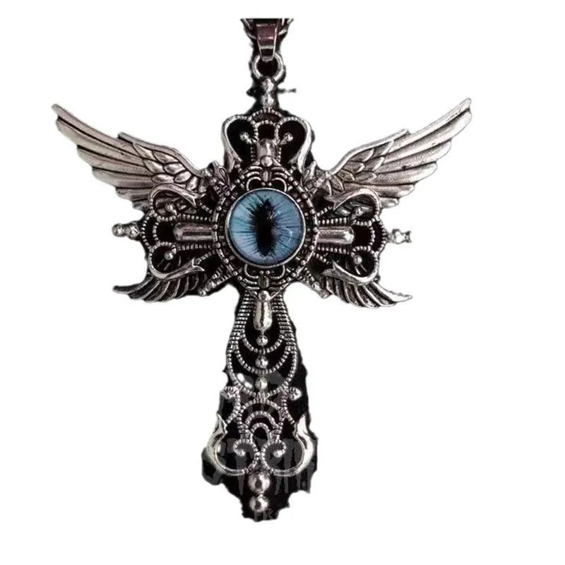 Devil wings and cross alloy pendant necklace on a chain, shown in multiple colour options.