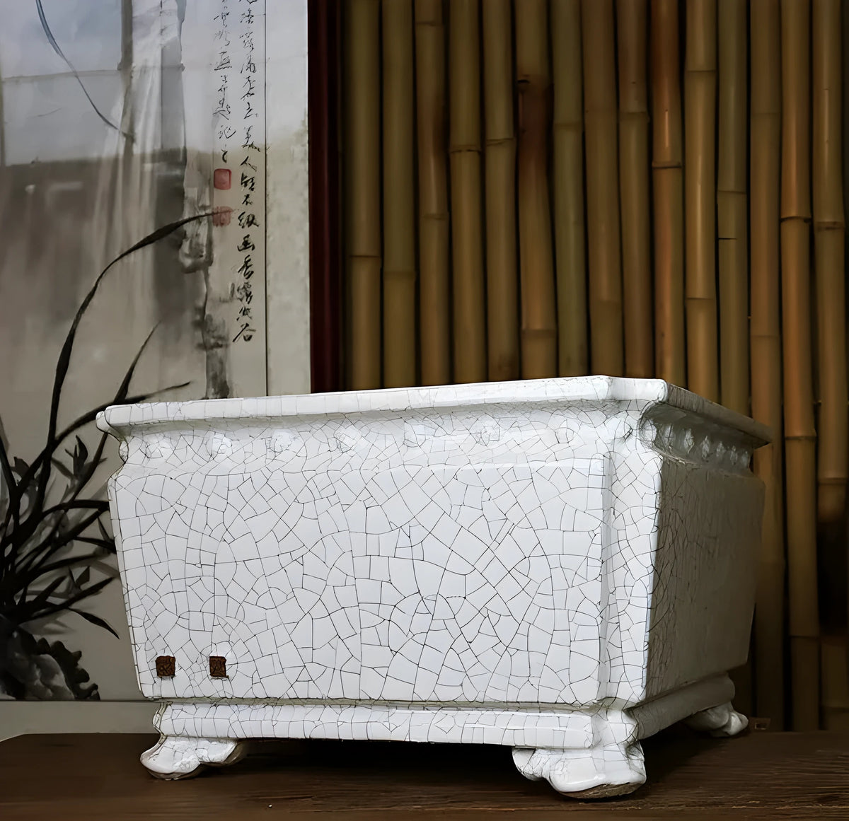 Large diameter ceramic flower pot with handmade crackle glaze surface in Chinese style, available in Dark, Light mung bean, or White.