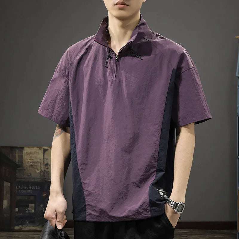 Brown men's casual short sleeve t-shirt with a half-zip stand collar, made from ice silk fabric.