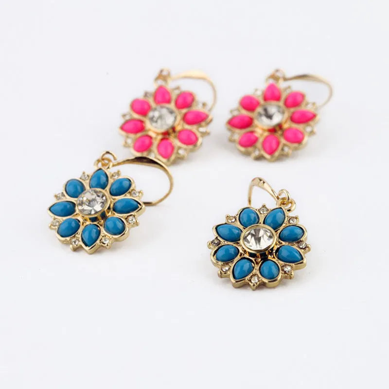 Pair of alloy flower-shaped earrings with artificial gemstone inlay, available in blue or red for women