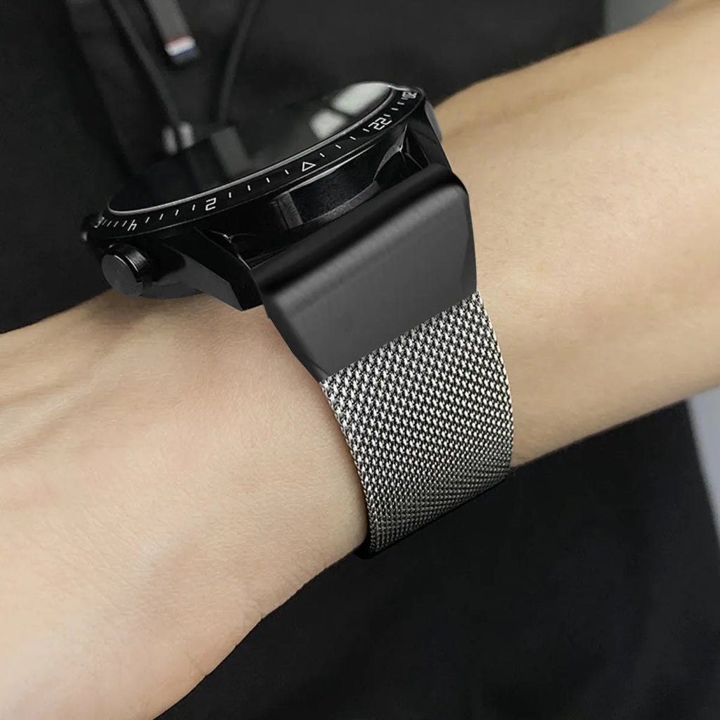 Silver stainless steel replacement strap for Garmin Fenix watch with quick-release pins.