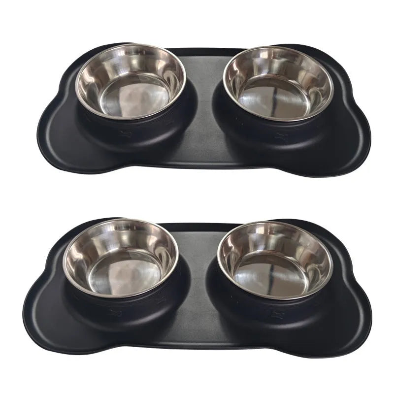 Large silicone dog bowl with stainless steel insert in blue, showing double-bowl design.