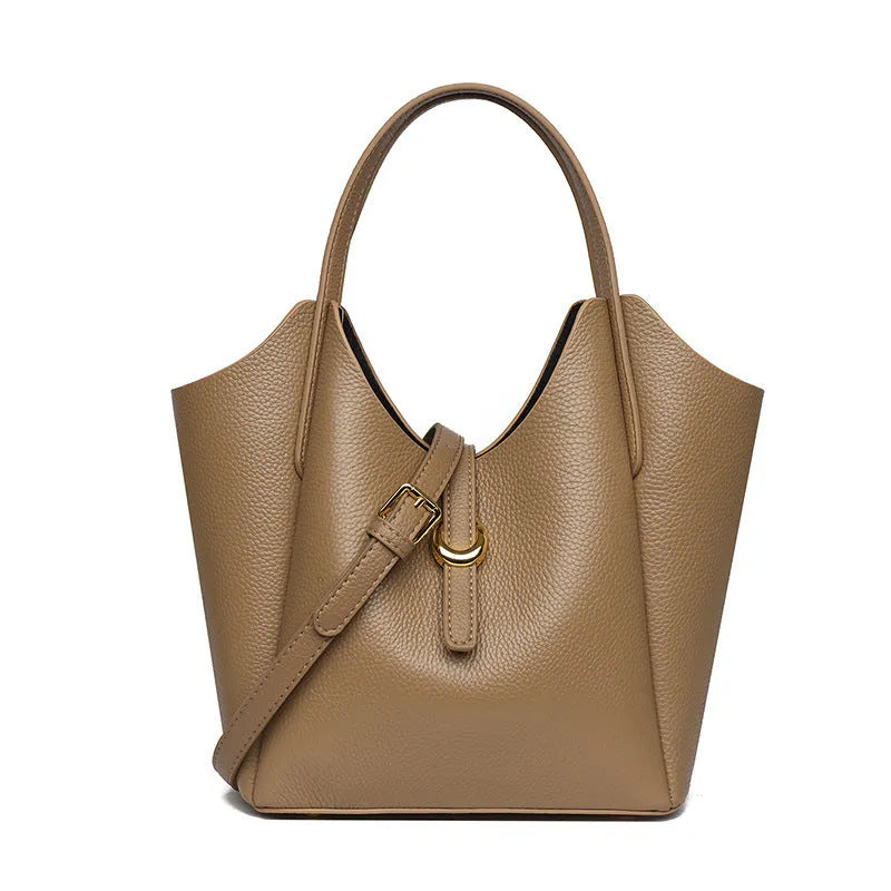 Genuine leather women's bucket handbag in retro style with large capacity and internal file organisation