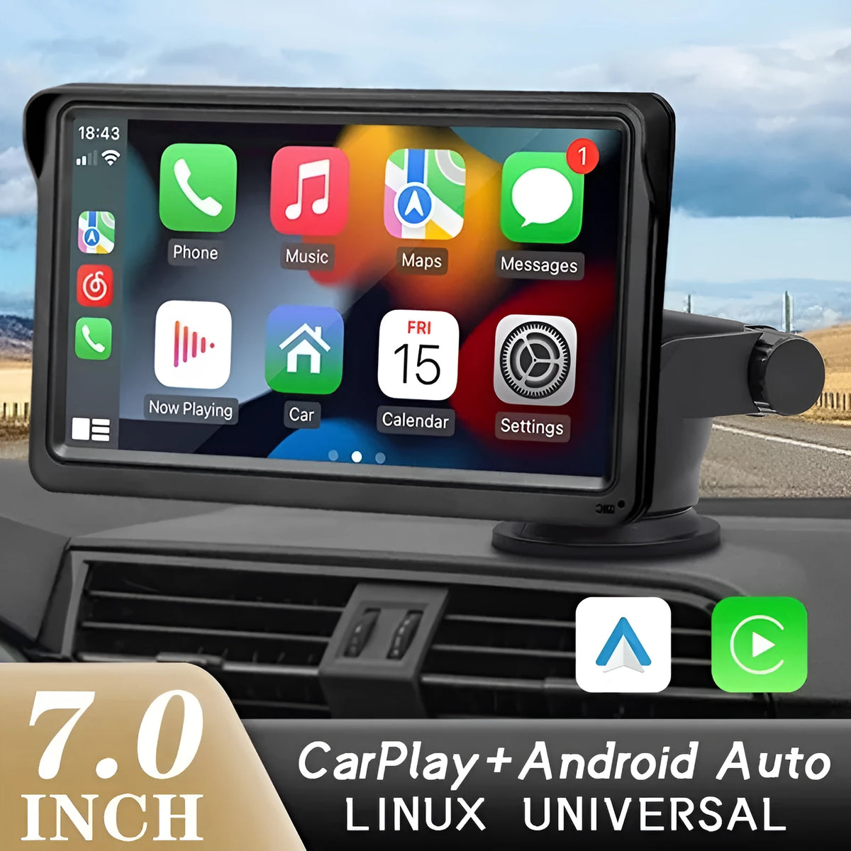 7-inch car display with 1024x600 HD screen, wireless CarPlay and Bluetooth 5.0