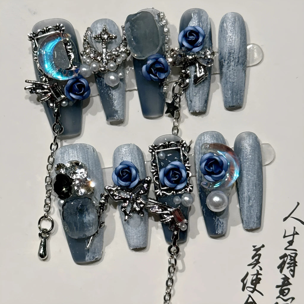 Blue night V04 evening manicure set with ornate rose floral pattern and plastic armour suit