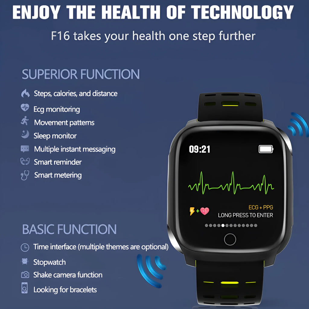 F16 Smart Watch with ECG monitor on a silicone strap, displaying blood pressure and heart rate data on its IPS screen.