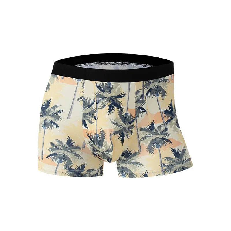 Ice silk men's boxer shorts with floral print, showing mid waist fit and breathable polyester fabric.