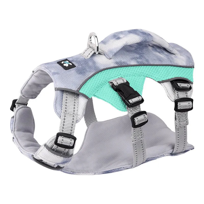 Reflective pet cooling chest strap in polyester fabric available in multiple colours and sizes