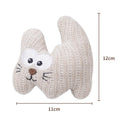 Cyan plush cat toy with a rope tail and bell, shown next to a light coffee coloured version.