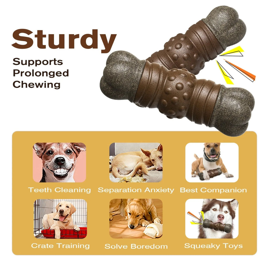 Wood colour plastic dog dental chew toy with textured molar rod design for plaque reduction