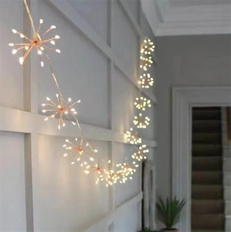 Dandelion LED solar fireworks lamp in flower shape, 6.25m length, with warm white or colourful 100 or 200 LED options