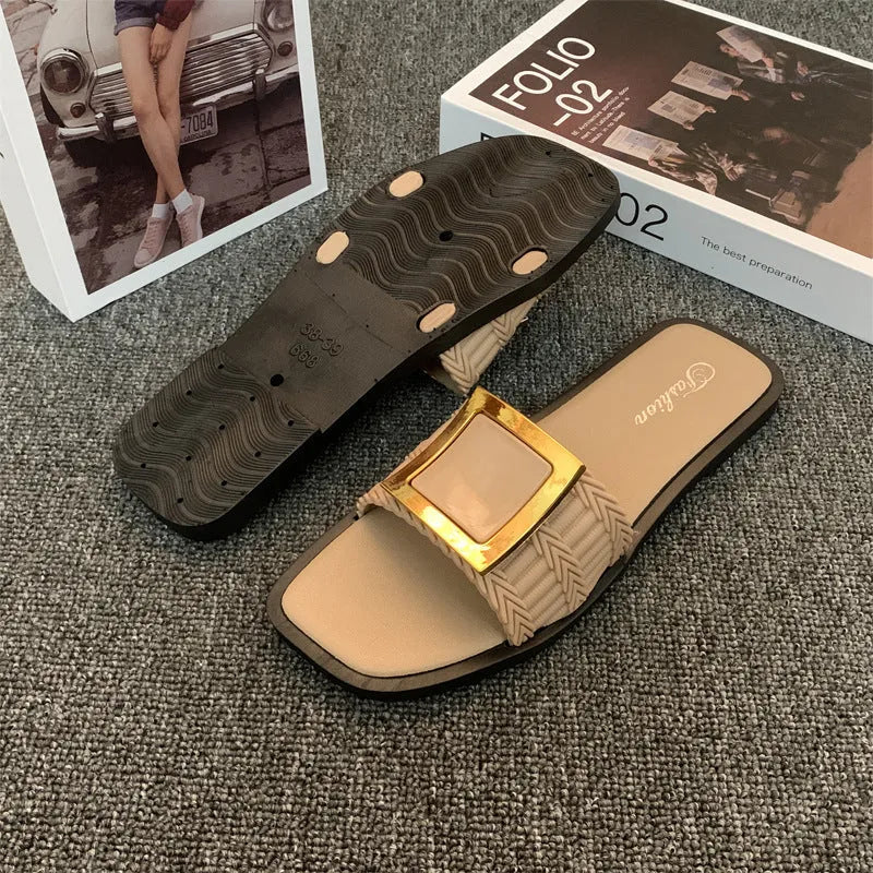Women's flat summer slippers in apricot, black, or khaki with a lightweight PVC sole