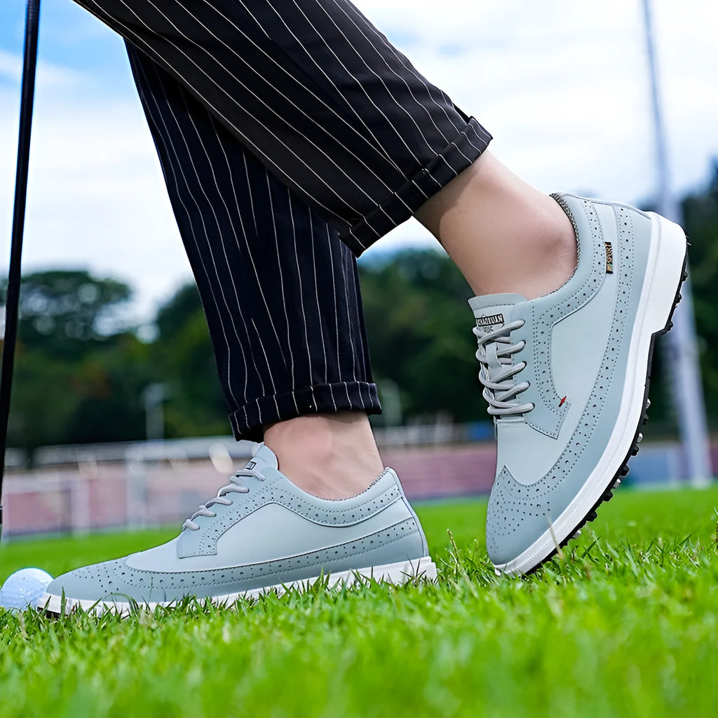 Men's lightweight golf shoe in Lake Blue or White with genuine leather upper and non-slip rubber outsole, sizes 39-47