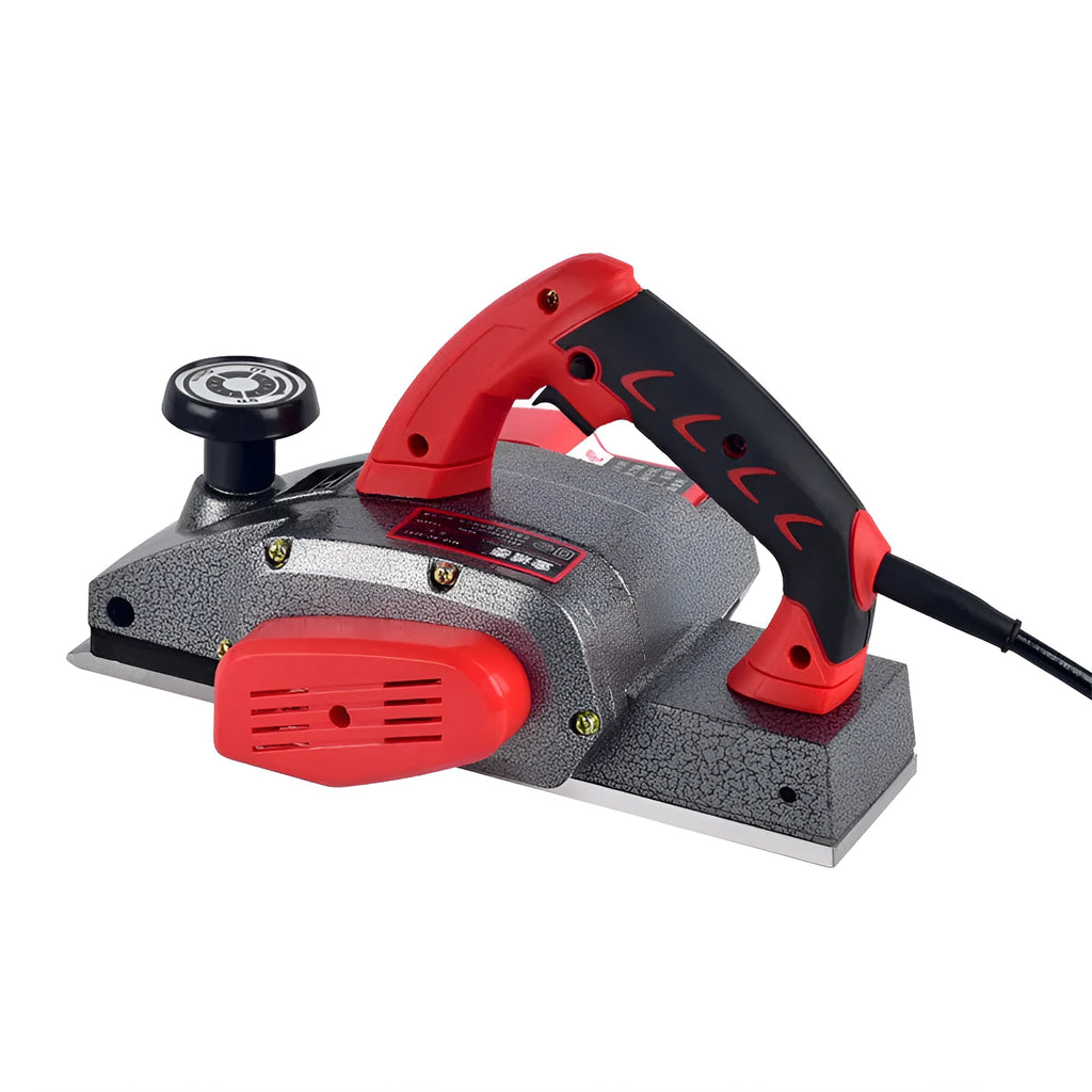 Red household desktop electric push planer tool with aluminium shell for woodworking.