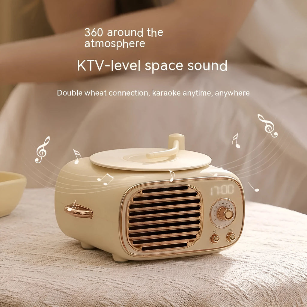 Retro Bluetooth microphone stereo speaker with alarm clock, 85x95x55mm, in transparent green