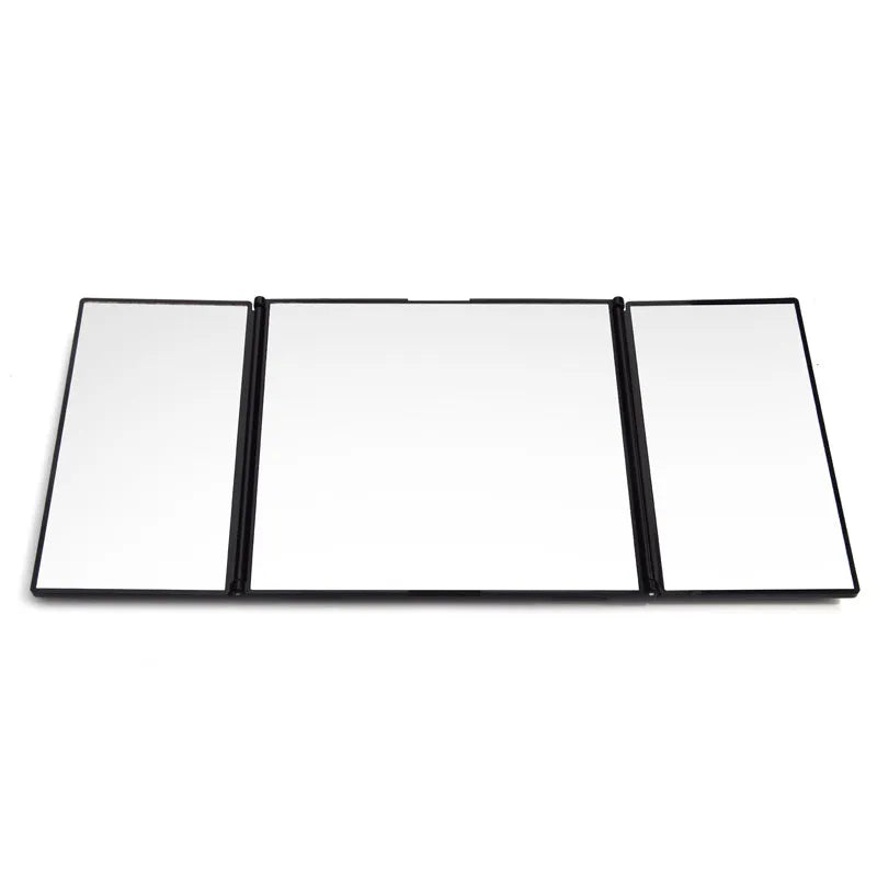 Silver car folding makeup mirror shown closed at 15.5cm wide and opened to 30.5cm wide