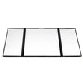 Silver car folding makeup mirror shown closed at 15.5cm wide and opened to 30.5cm wide