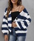 Women's striped deer plush cardigan in blue, button-front, loose street fashion fit.