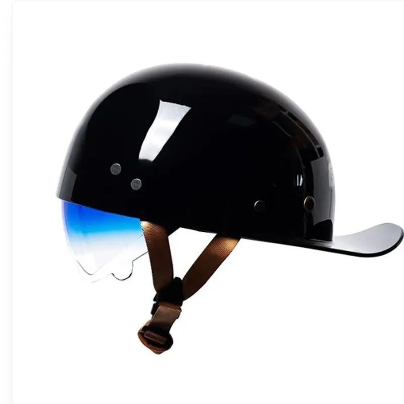 Retro half helmet for electric bicycles with bright black-gradient blue lens