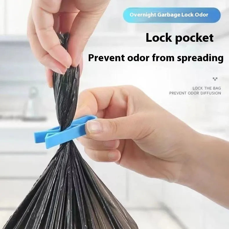 Polypropylene garbage bag fixing clip for holding bin liners securely to trash can sides.