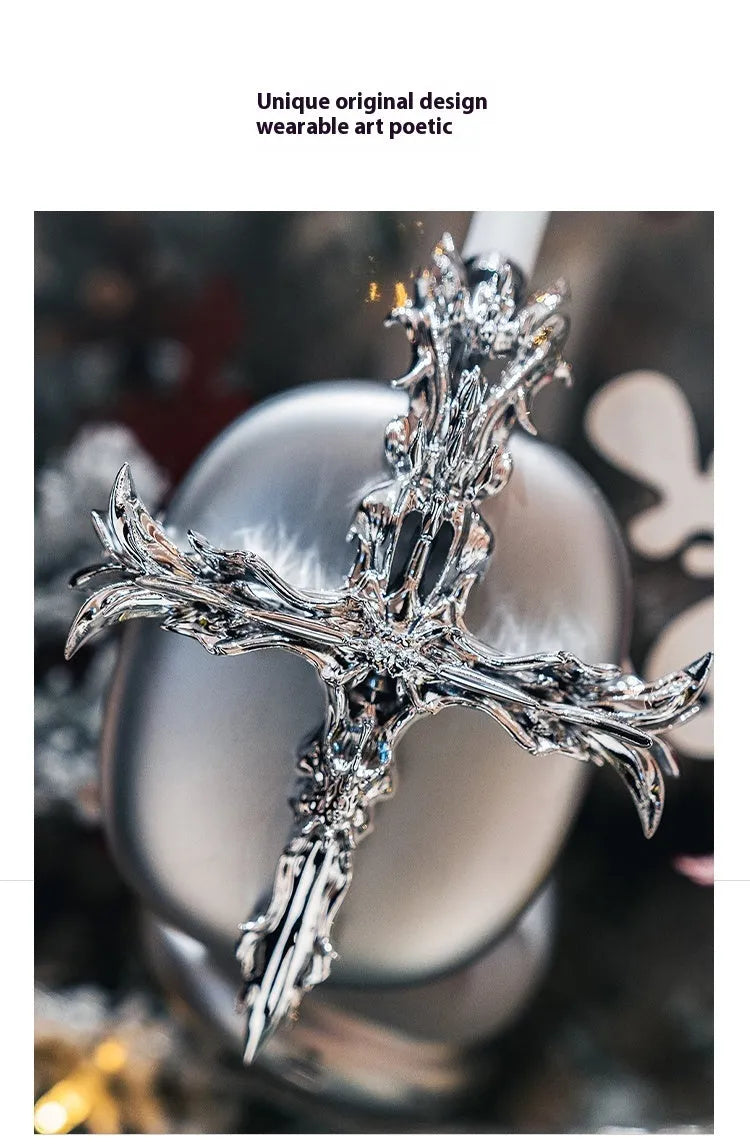 Gothic cross design resin hard case cover for Apple AirPods Max headphones in silver colour.
