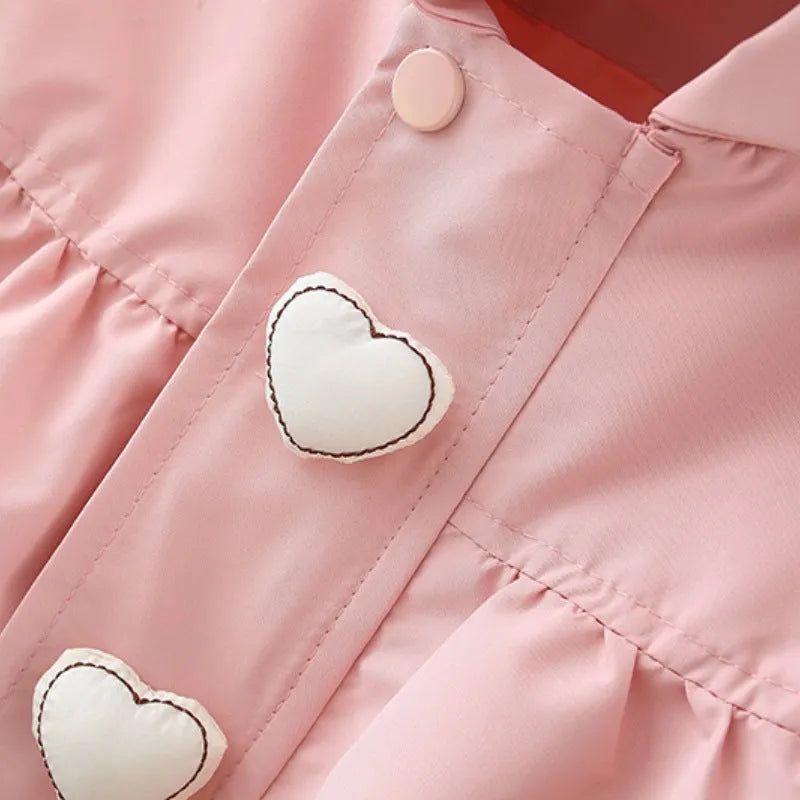 Children's mid-length hooded trench coat in pink, zip front, long sleeves, solid colour, cotton blend fabric