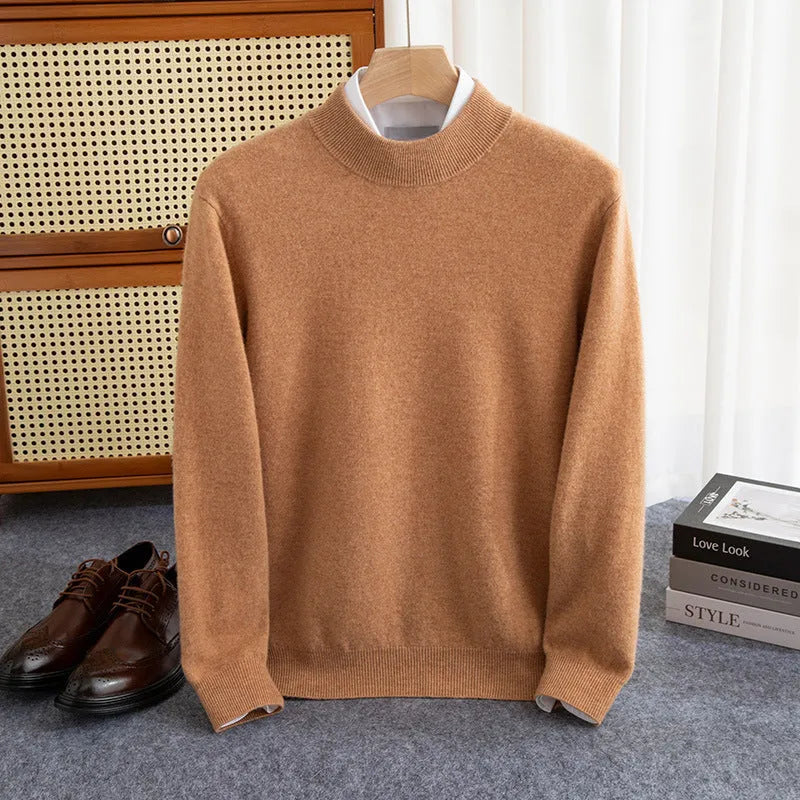 Men's chunky knit half-turtleneck wool sweater in camel colour with cable stitch detail.