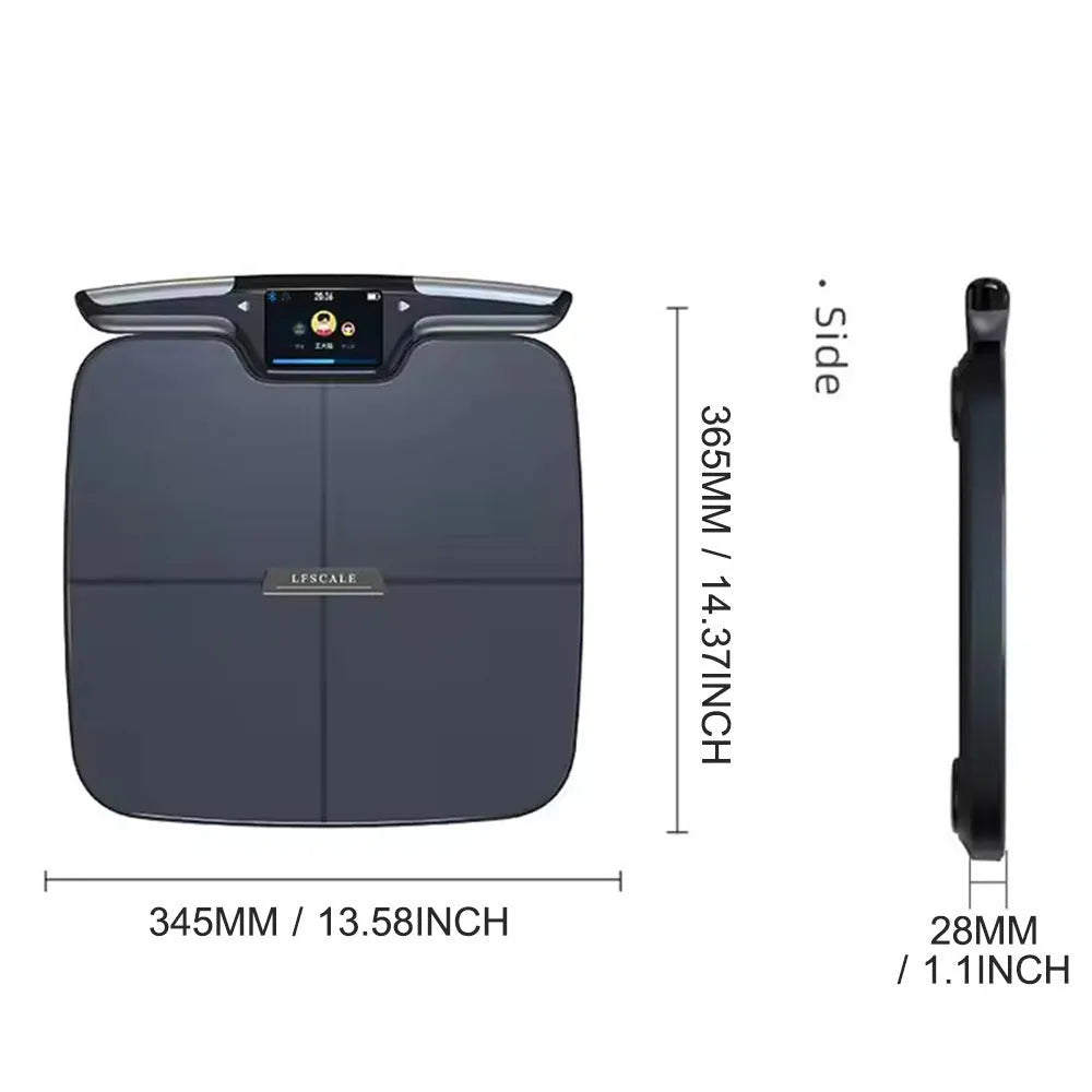 Black eight-electrode intelligent body fat and health monitoring scale on a floor.