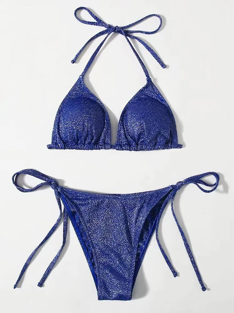 Women's bandage style bikini swimsuit in multiple colours with size chart.