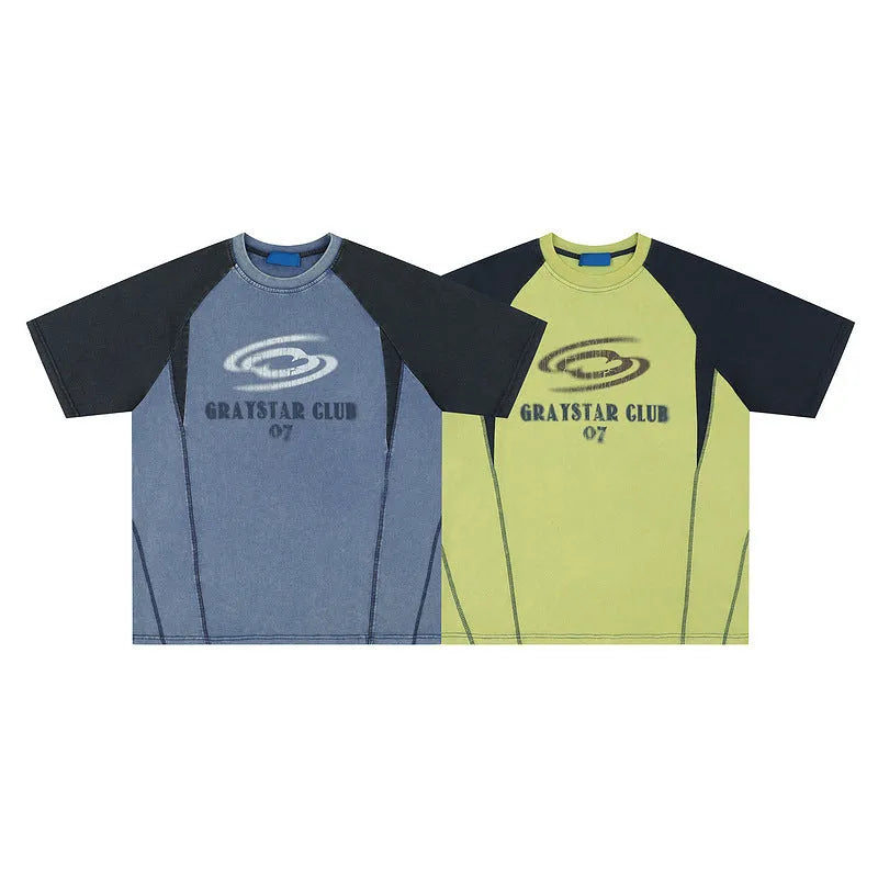 Men's blue hip hop letter print t-shirt with raglan sleeves and loose fit