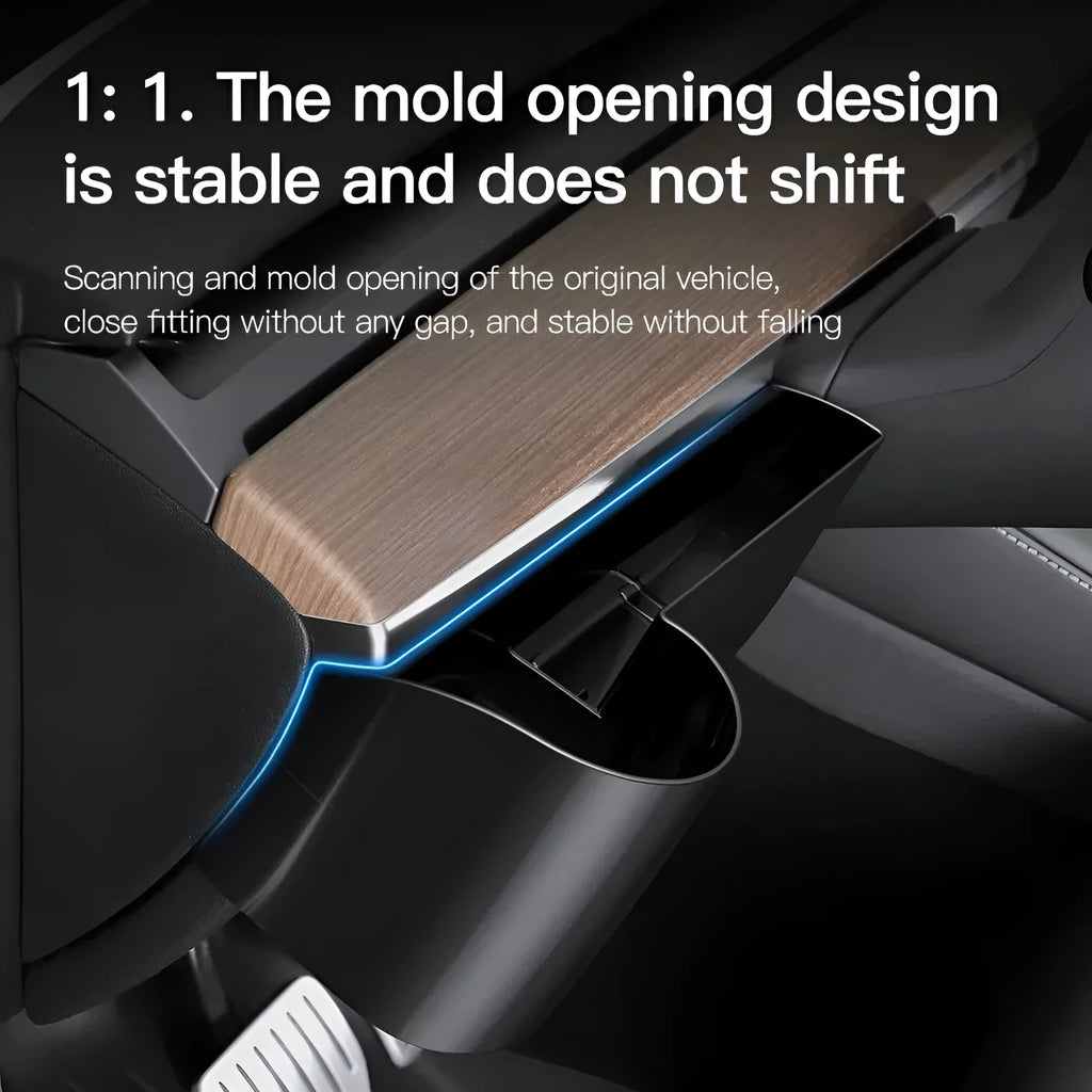 Plastic dashboard cup holder for left-hand drive Tesla Model 3 and Model Y vehicles.