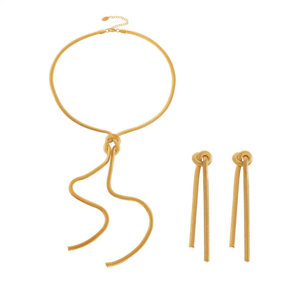 Gold electroplated titanium steel necklace with knotted tassel pendant and matching earrings set for women