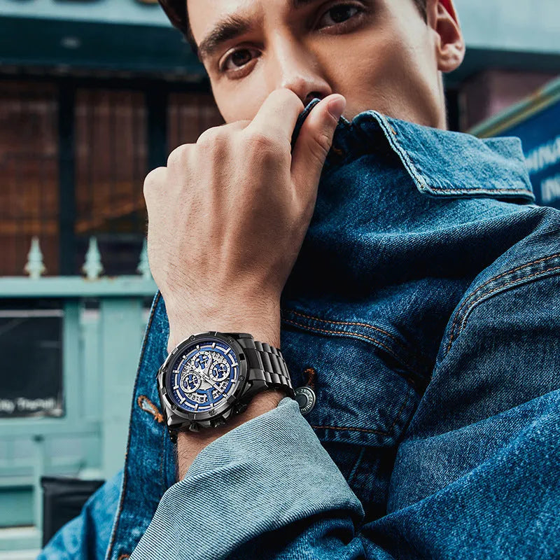 Men's waterproof luminous quartz watch with stainless steel band in black, gold, or silver colour options