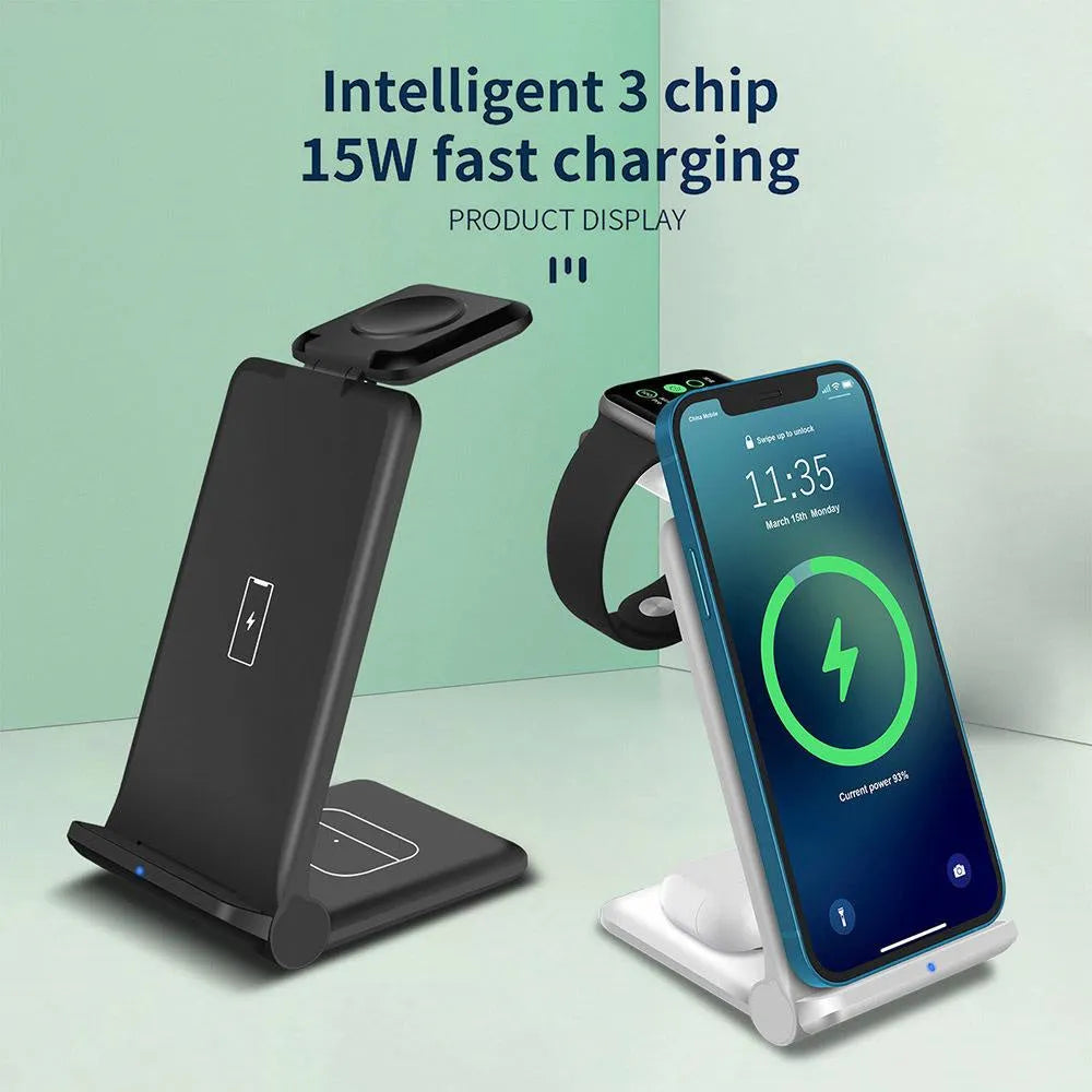Black and white 3-in-1 foldable wireless charging station for phone, Apple Watch and AirPods.