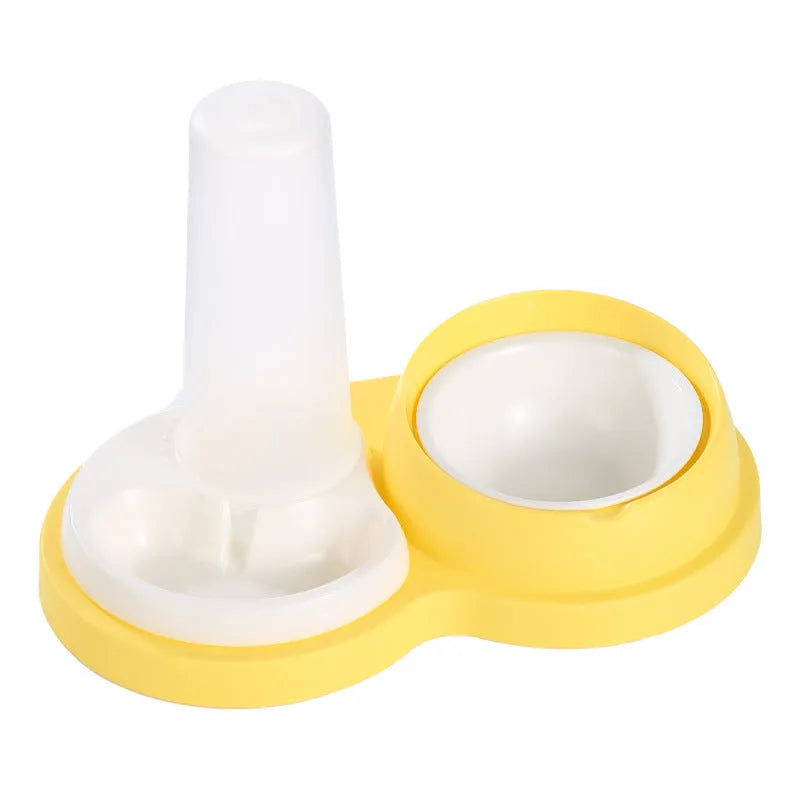 Grey and yellow dual-bowl pet feeder for cats and dogs with ceramic inserts