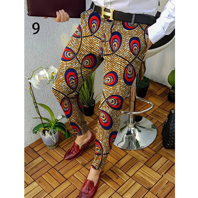 Men's slim-fit plaid casual trousers with 3D printed pattern and straight-leg design