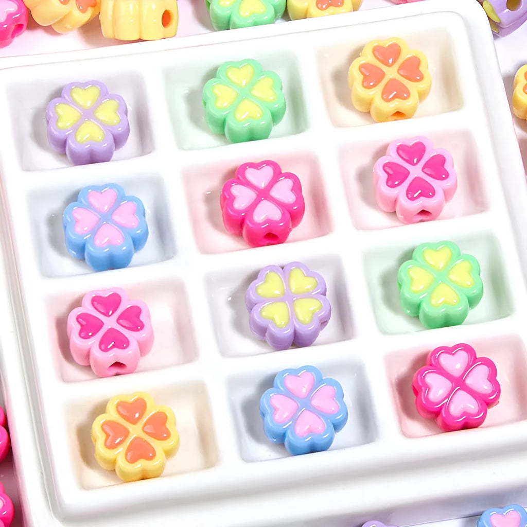 15mm acrylic four-leaf clover beads with frosted finish in multiple colour options