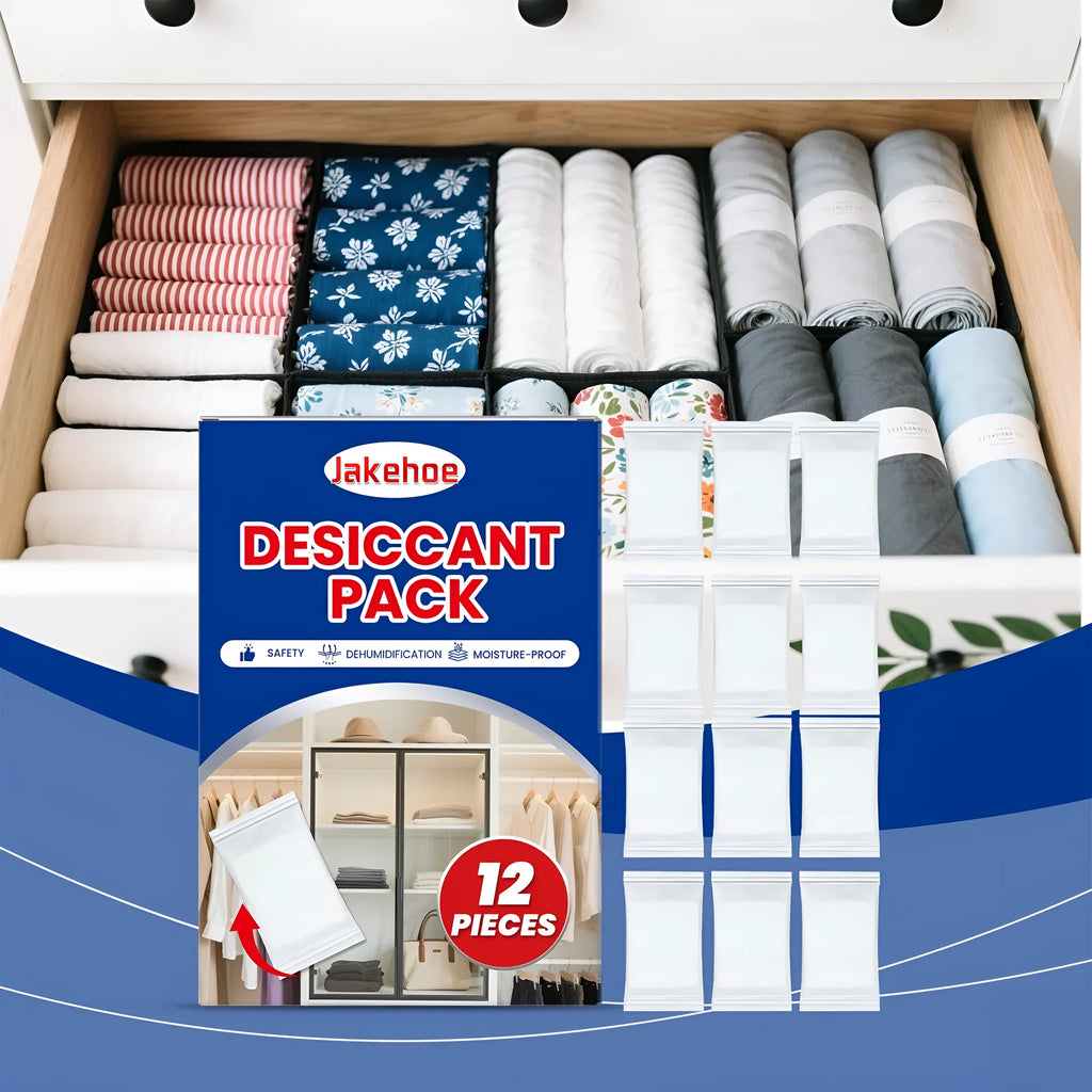Pack of 12 white calcium chloride desiccant bags for household moisture absorption.