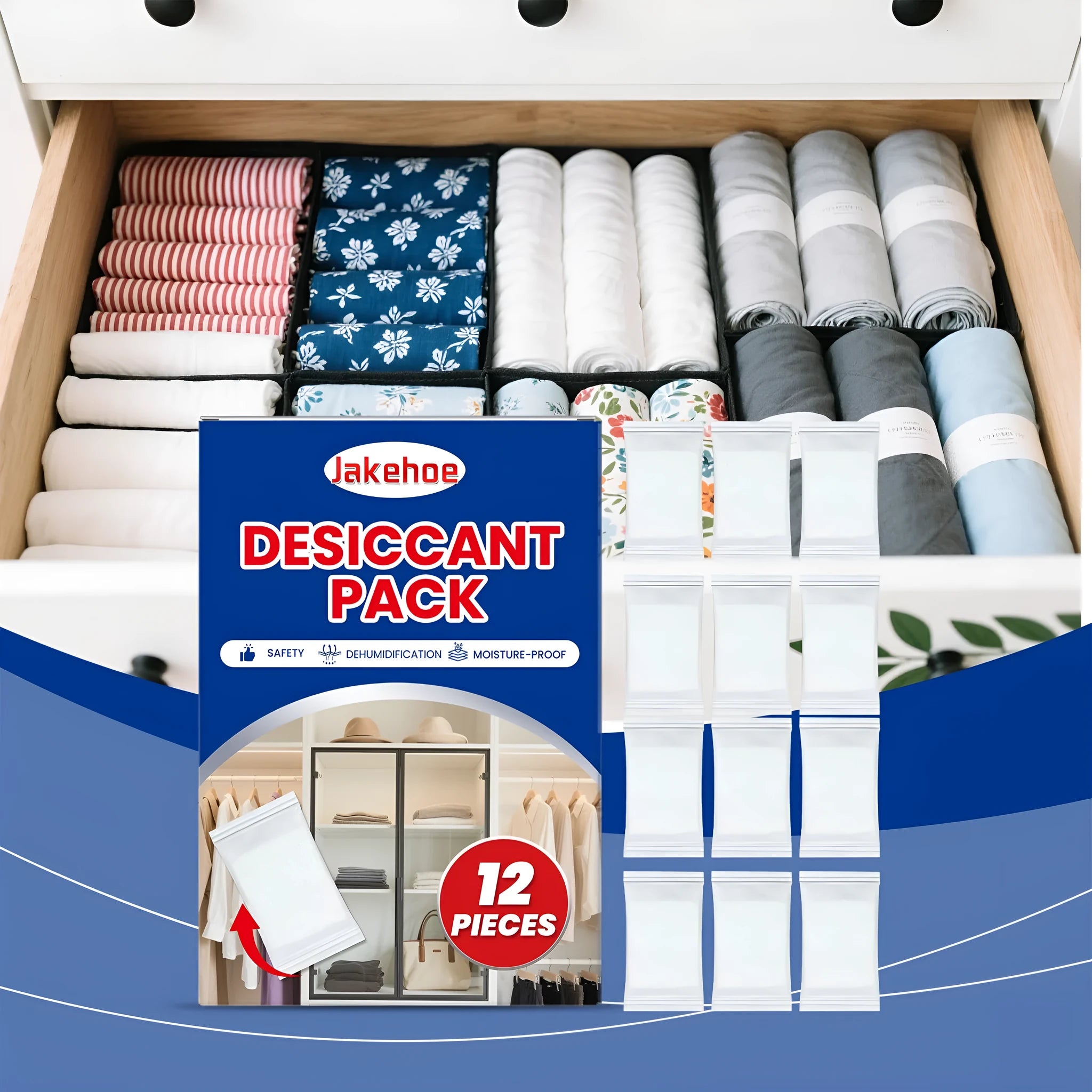 Pack of 12 white calcium chloride desiccant bags for household moisture absorption.