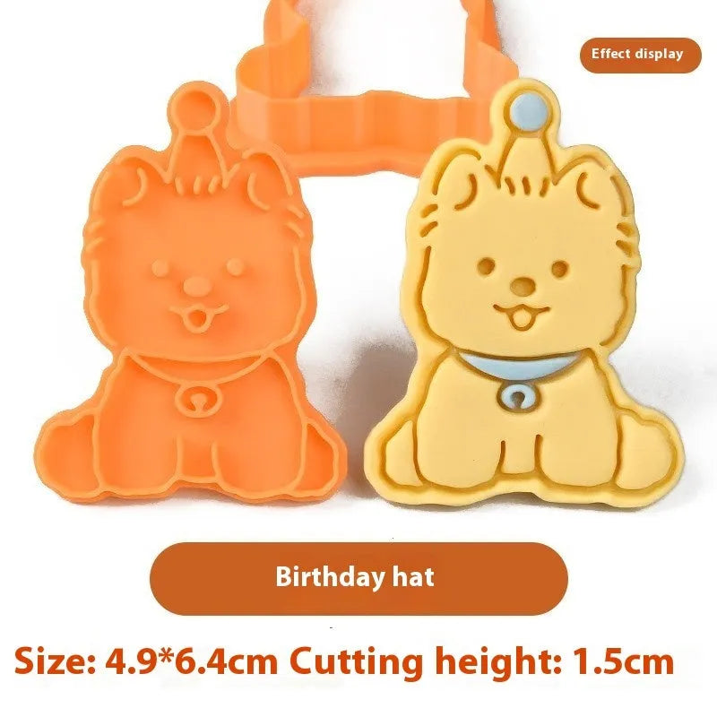 Three-dimensional plastic biscuit mould for making puppy-themed cookies with seven dog cartoon designs