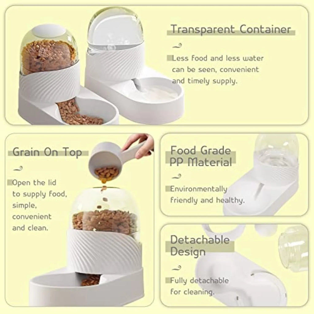 White automatic cat feeder and water dispenser set with wave-shaped design, two 2L bowls.