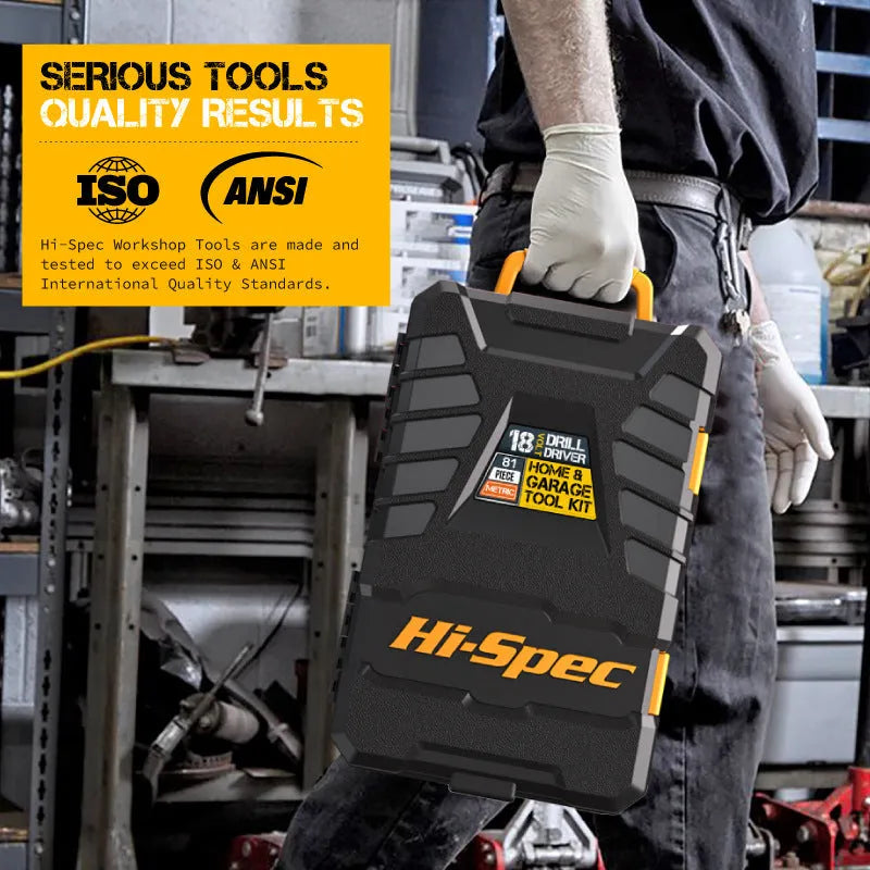 Grey and yellow toolbox containing an 82-piece chrome-vanadium steel hardware tool set for DIY repairs.