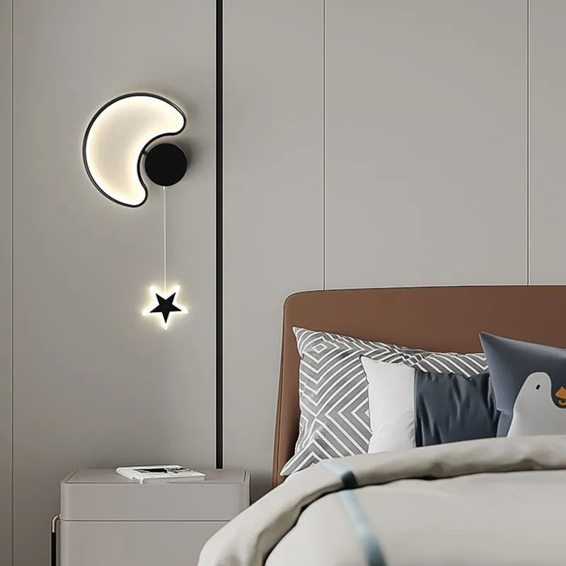 Cartoon five-pointed star bedside wall lamp in black or white with cloud, moon, or star motifs